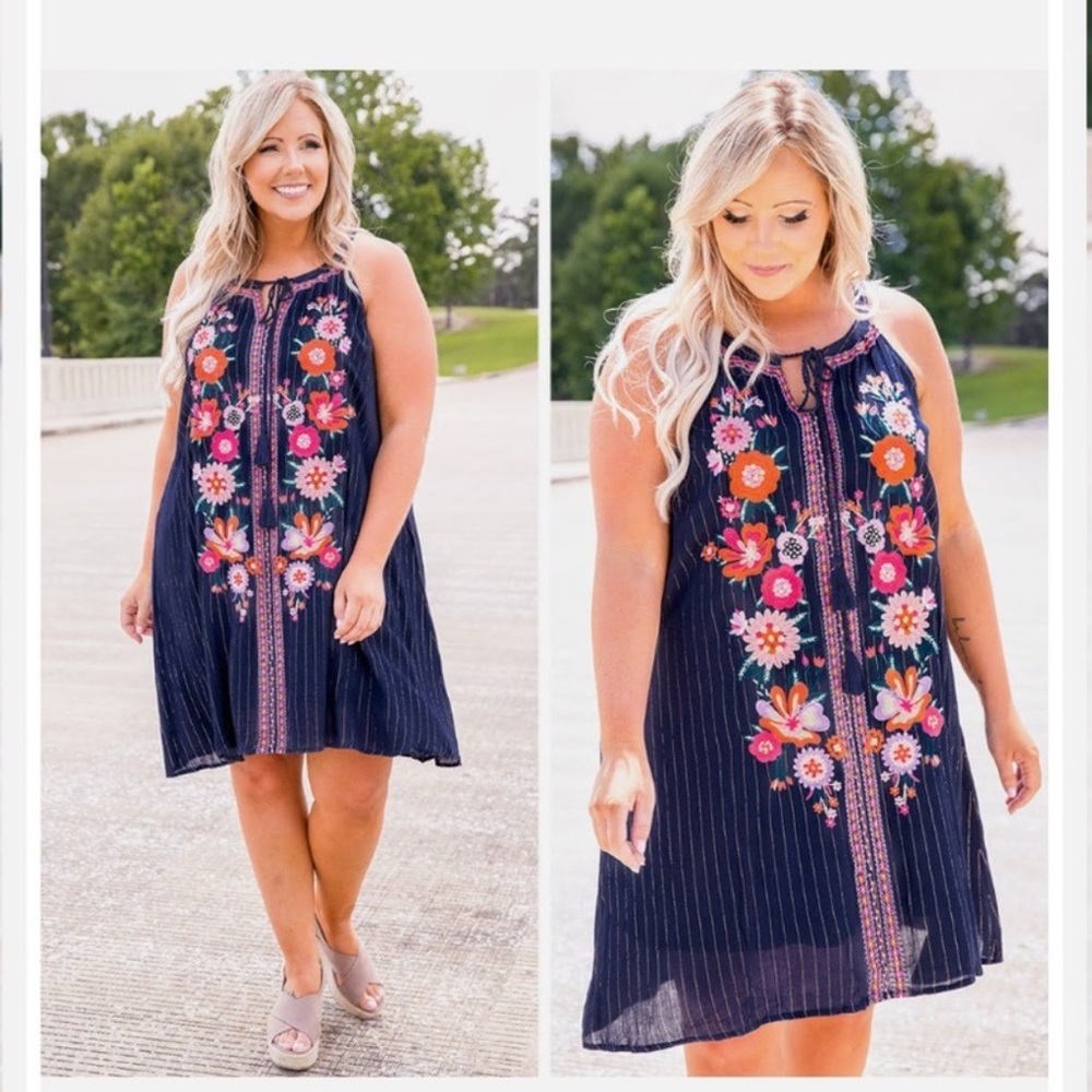 Savanna‎ Jane Women’s Dress Navy Gold Metallic Stripes Floral Embroidery Size S